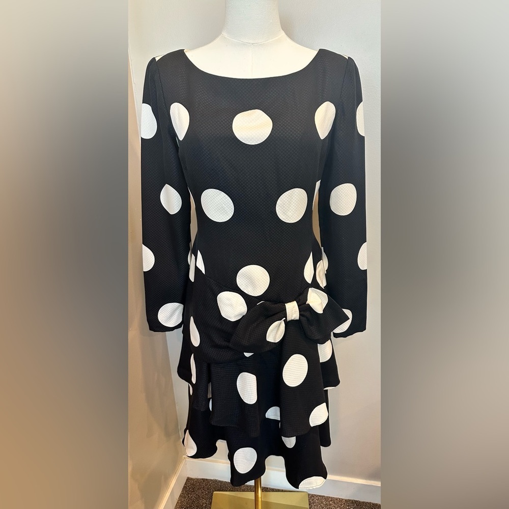 VTG Oscar de la Renta Studio 100% Silk Polka Dot Bow Dress Sz 4 Retro 80’s 90’s